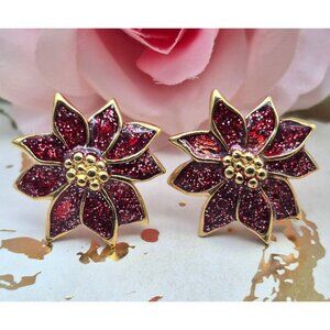 Avon Poinsette Flower Christmas Clip On Earrings Gold Tone & Red Glitter Enamel
